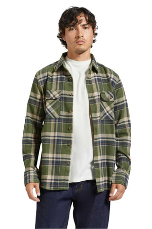 BRIXTON Bowery Flannel Cypress Green/Washed Navy/Whitecap Men's Long Sleeve Button Up Shirts Brixton 