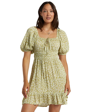 BILLABONG Women's Cabana Puff Sleeve Mini Dress Moss Joy Women's Dresses Billabong 