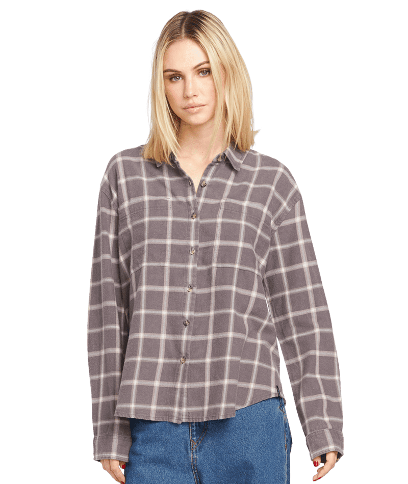 VOLCOM Women's Plaid To Meet U 2 Long Sleeve Shirt Dark Grey Women's Flannels and Button Ups Volcom 