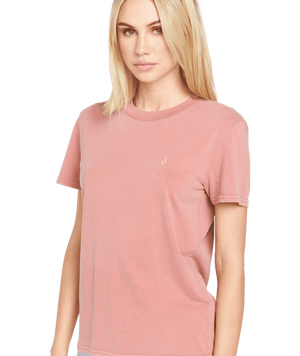 VOLCOM Women's Solid Stone Embroidered T-Shirt Mauve Rose Men's Short Sleeve T-Shirts Volcom 