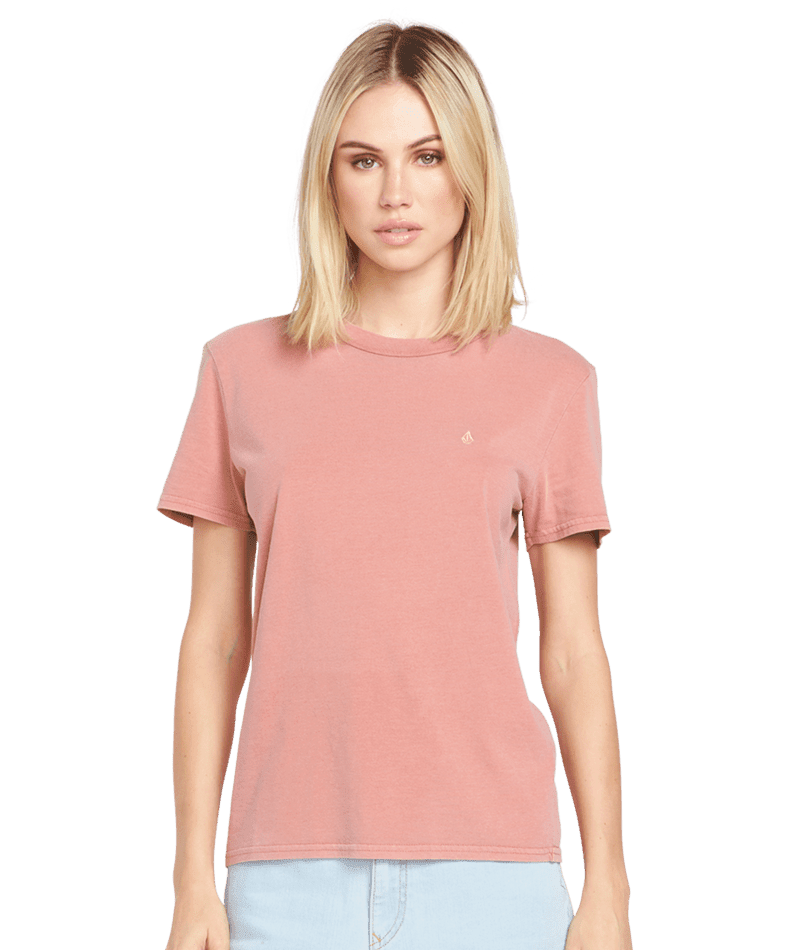 VOLCOM Women's Solid Stone Embroidered T-Shirt Mauve Rose Men's Short Sleeve T-Shirts Volcom 