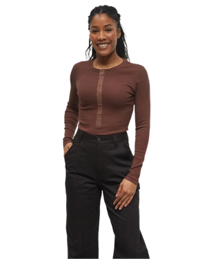 TENTREE Women's Rib Snap Placket Henley Longsleeve Shirt Deep Mahogany Women's Long Sleeve T-Shirts Tentree 