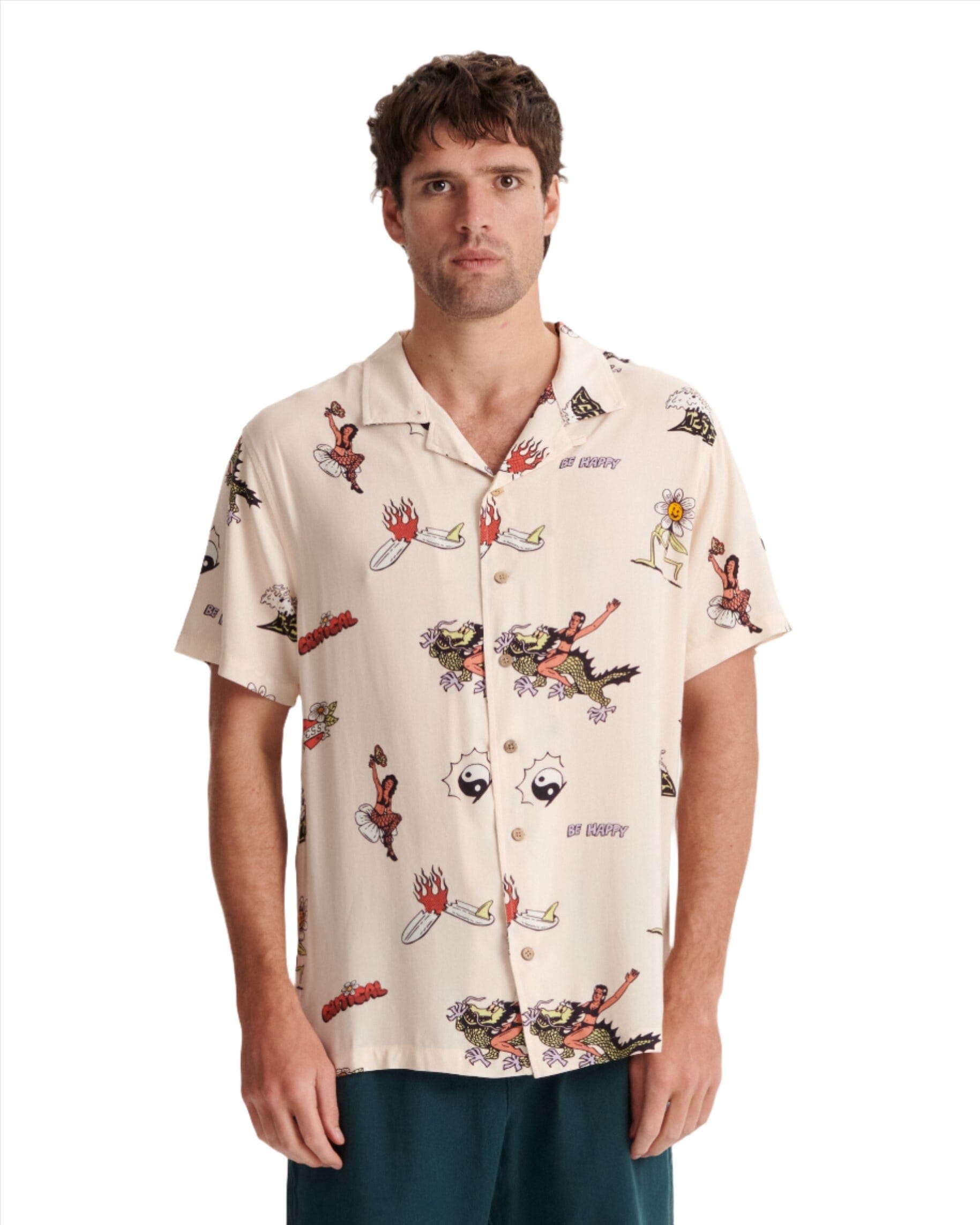 CRITICAL SLIDE Hula Short Sleeve Resort Shirt Ecru Men's Short Sleeve Button Up Shirts The Critical Slide Society 