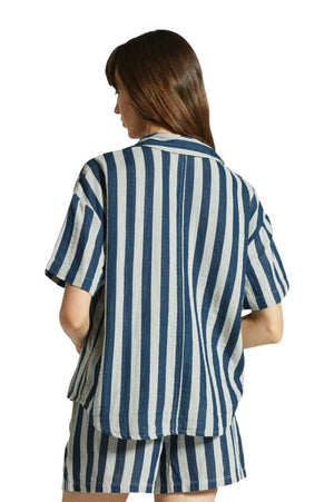 BRIXTON Women's Mykonos Stripe Boyfriend Woven Shirt Deep Sea Women's Blouses Brixton 